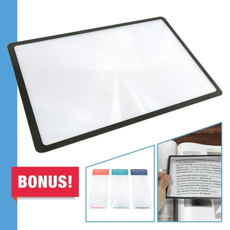 - MagniPros Premium 3X (300%) Page Magnifying Lens With 3 Bonus Bookmark Magnifiers for Reading Small Prints, Low Vision Aids & Solar Projects