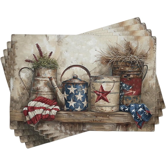4 Placemats Country Rustic Stars Patriotic Memorial Farmhouse Bucket Brown Red Blue Linen Heat Resistant Washable Wipeable Table Home Outdoor Picnic Activity Placemats Set of 4 12x18 Inch