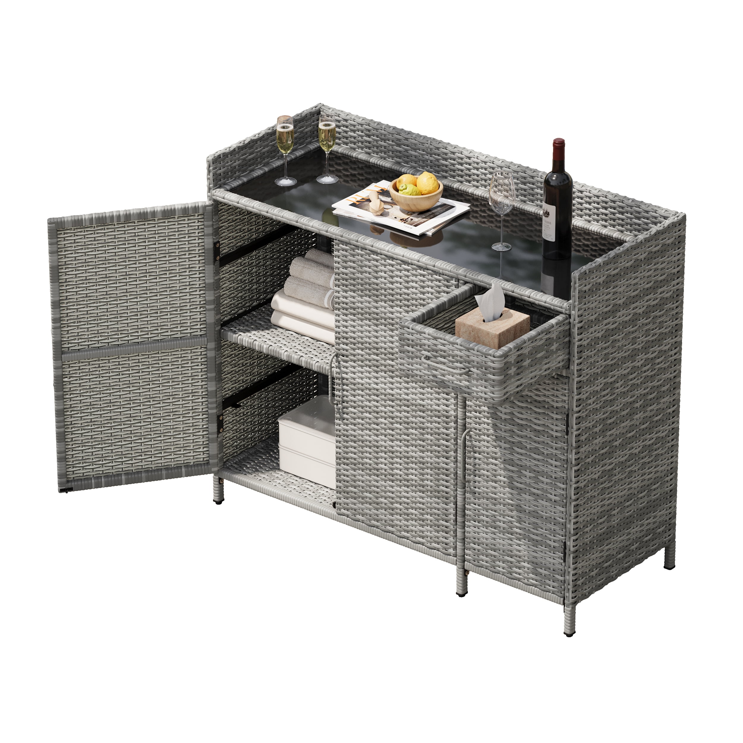 Outdoor Storage Cabinet 47.5 Inch W, Wicker Frame with Tempered Glass Desktop for Patio, Grey