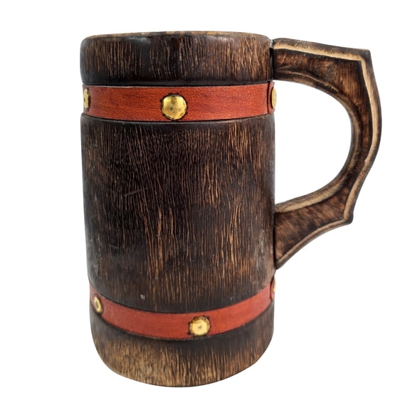 Handmade Wooden Beer Mug with Orange Leather Strap 400 ml Medieval Renaissance Tankard, Eco-Friendly Gift for Men