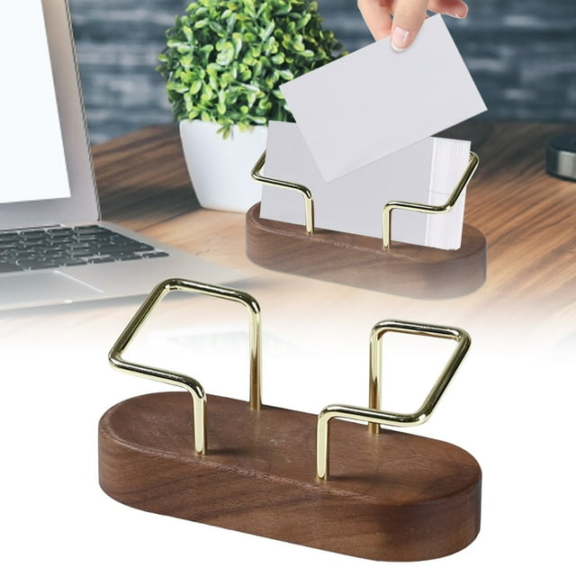 Product Business Card Holder 2 | Product High End Minimalist Walnut Wood Card Display Rack for Hotels and Stylish Metal Name Card Storage | Platform Wood Business Card Holder for Desk Gold Metal