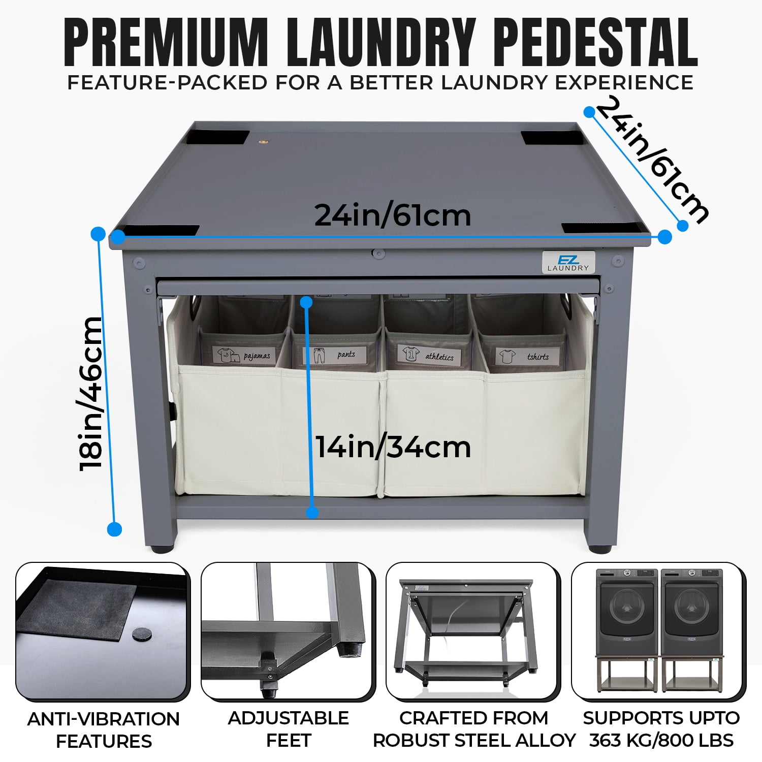 EZ Laundry Pedestal Compact 24" x 18" Washer Dryer Riser with Pull-Out Storage Shelf Gray