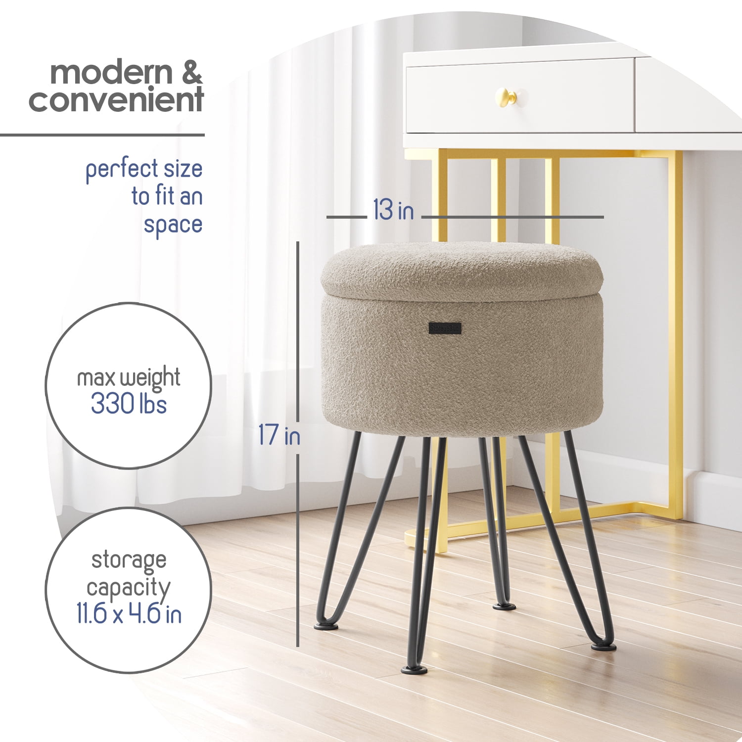 Hearth & Harbor Round Ottoman with Storage, Luxurious Foot Stool and Chic Vanity Stool with Storage, Elegant Boucle Beige