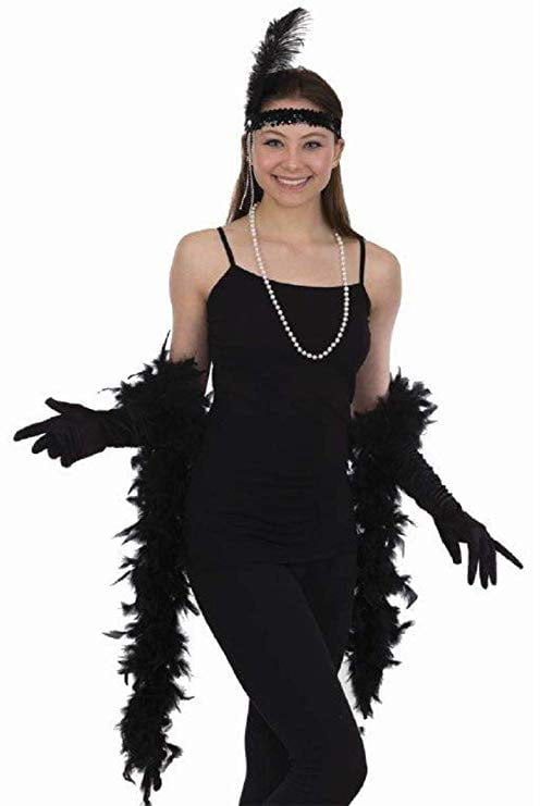 Flapper Feather Headband And Satin Ruched Top Long Gloves Set Cabaret FancyDress 