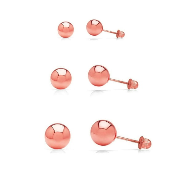3 Pair Set 14k Rose Gold Ball Stud Earrings 3mm, 4mm, 5mm with Secure Comfortable Screw-Backs