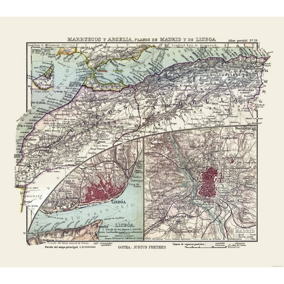 Historic Map - Africa Northwest Spain Portugal - Perthes 1921 - Vintage Wall Art