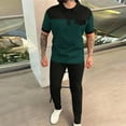 thumbnail image 2 of Stamzod Mens Summer Outfits 2 Piece Fashion Patchwork Turndown Short Sleeve Shirts and Pants Set Plus Size Daily Casual Slim Fit Stretch Sweatsuits for Men Green S, 2 of 5