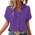 thumbnail image 5 of Yigetop Short Sleeve Button Down Women, Ladies' Casual Double Layer Wrinkled Short Sleeved Solid Color Cardigan Button Down Shirts for Women Purple S, 5 of 8