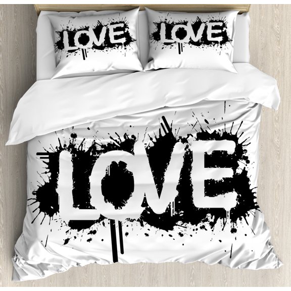 Urban Graffiti King Size Duvet Cover Set, Ink Splattered Backdrop Love Message Stained Stencil Sprayed Graffiti, Decorative 3 Piece Bedding Set with 2 Pillow Shams, Black and White, by Ambesonne