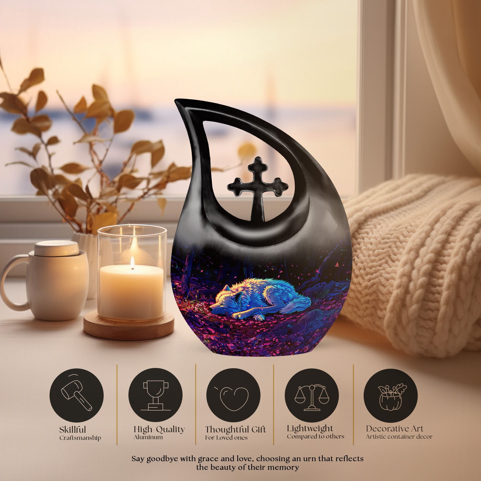 MUKTIVE Resting Wolf Large Urn for Funeral Ashes for Men & Women - Cross Drop Black Burial & Cremation Urns for Human Ashes - Remembrance Gift for Loss for Dad - Cremains Holder, 10 Inches