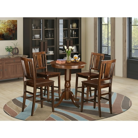 Counter Height Dining Set - Round Table & 4 Chairs - Mahogany Finish