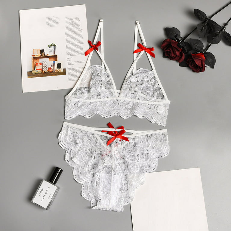 Mikilon Women's New Fashion Seductive Hot Embroidery Lace Panel With Bow  Actual Line Clear Sexy Underwear Set Womens Bras No Wire Plus Size on Sale  