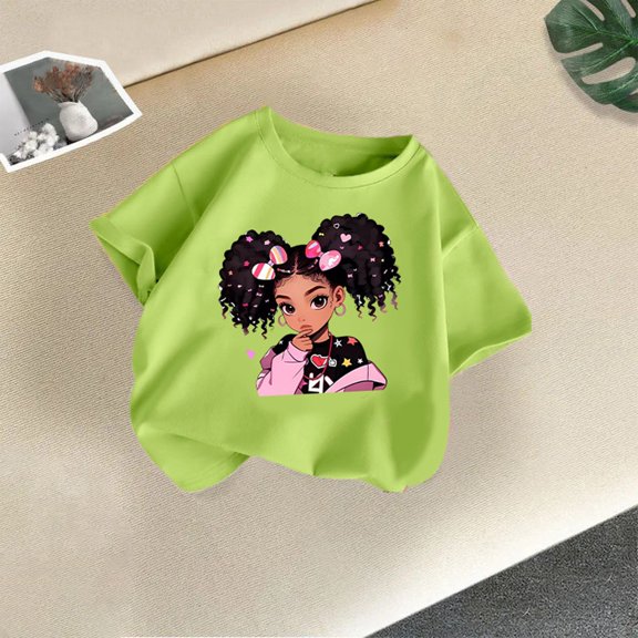 Amidoa Girls Short Sleeve Summer Crewneck Graphic T Shirts Casual Cotton Kids Tops Green Size 130