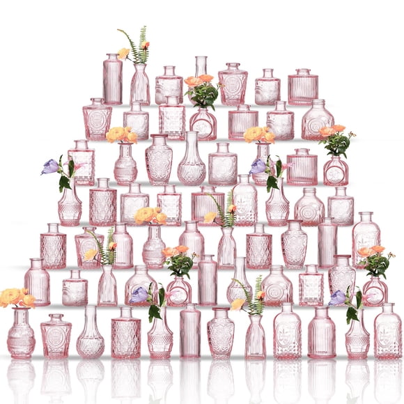 Set de 64 jarrones pequeños de cristal surtidos de color rosa con forma de cogollos
