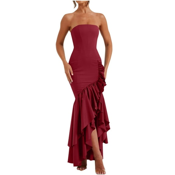 Gpaecead Womens Tube Strapless Maxi Dress Irregular Ruffles Hem Cocktail Dress Off Shoulder Tassel High Slit Evening Gown Red