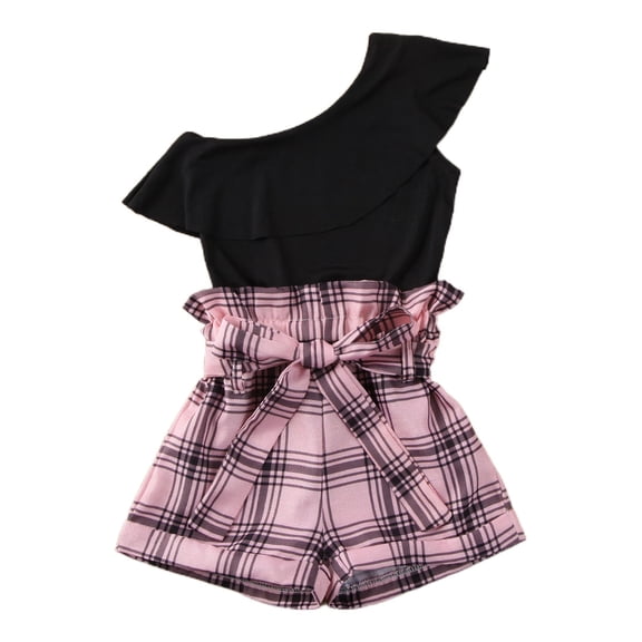 Douhoow 2-7Y Girls Summer Clothes Set Black Ruffle One Shoulder T-shirt High Waist Plaid Shorts