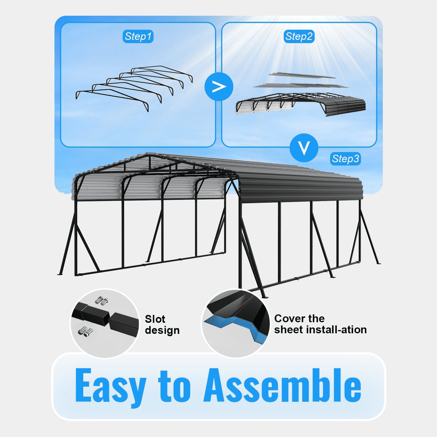 WUKHG 20x20FT Heavy Duty Metal Carport, Outdoor Car port Canopy with Iron Roof, Durable All-Weather Shelter for Cars, Trucks, Boats & Outdoor Equipment, Easy Quick-Install Assembly