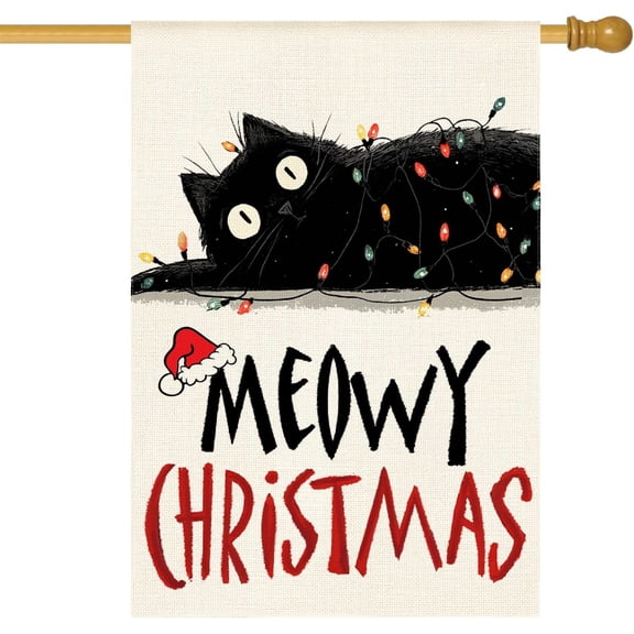 Black Cat Meowy Christmas House Flag 28x40 Inch Double Sided Outside, Winter Holiday Christmas Yard Outdoor Flag