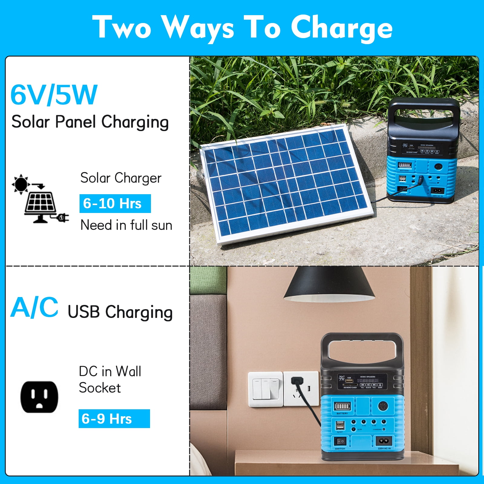 Portable Power Station,Solar Generator with Panels included,LiFePO4 Lithium Battery Pack Small Solar Powered Generator with DC/USB Outlets,LED Flashlight for Home Use,Outdoor Camping Quiet(Blue)
