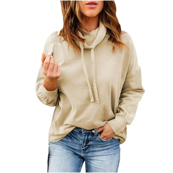 Women's Cowl Neck Hoodie, Women Solid Casual Hooded Sweatshirts Loose Fit Lightweight Fall Blouses Tops with Pockets