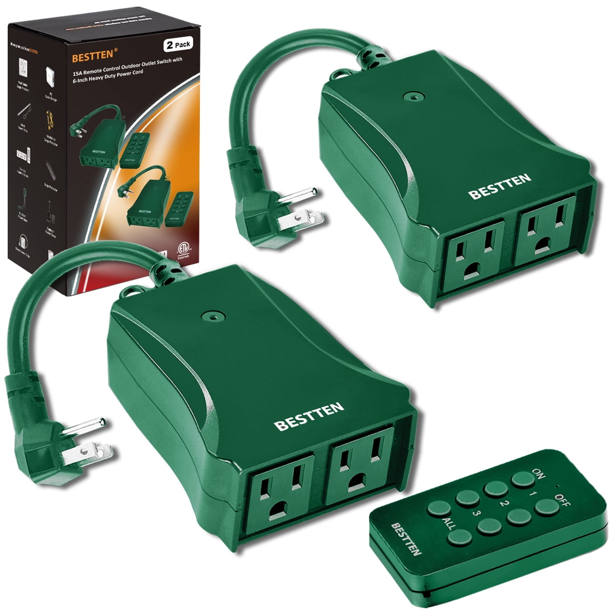 [2 Pack] BESTTEN Outdoor Indoor Remote Control Dual 3Prong Outlets