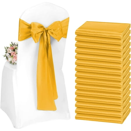 

Pesonlook 50 PCS Satin Chair Sash Chair Decorative Bow Designed Chair Cover Chair Sashes for Thanksgiving Wedding Holiday Banquet Party Home Kitchen Decoration (Gold 7 x 108 inch)