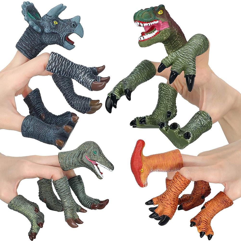 Educational Paws and Feet Vinyl Dinosaur Figure Finger Toy 4 Set Animal Bath Finger Puppet with Heads Bath Toys Best Gift for Party Favors Dinosaur Finger Puppets Toys