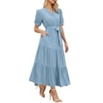 thumbnail image 4 of INSPIRE CHIC Maxi Dresses for Women's Puff Sleeve Button Down Short Sleeve V Neck Belted Long Flowy Summer Dress XS Blue, 4 of 6