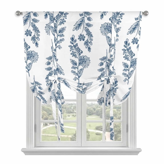 Blue Botanical Tie Up Curtains for Windows, Adjustable Balloon Window Shades, Pastoral Elegant Spring Floral Kitchen Window Treatments Farmhouse Short Curtains with Rod Pocket 42"x45"