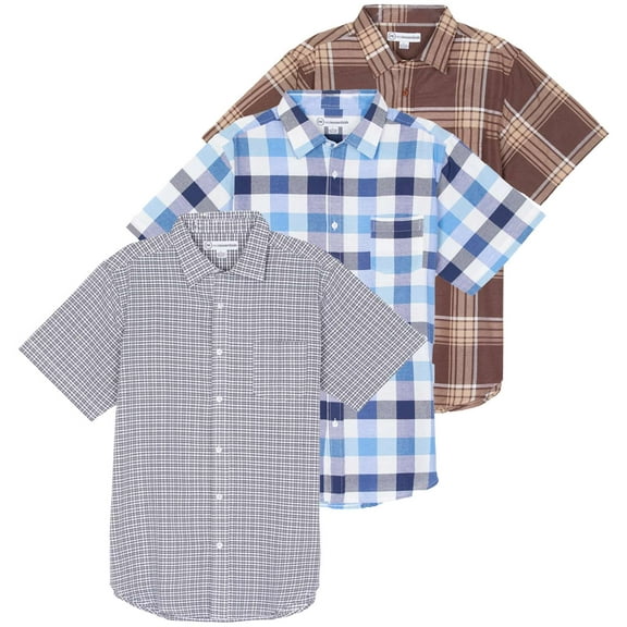 Real Essentials 3 Pack: Men's Regular-Fit Short Sleeve Woven Button Down Shirt with Pocket (Available in Big & Tall)