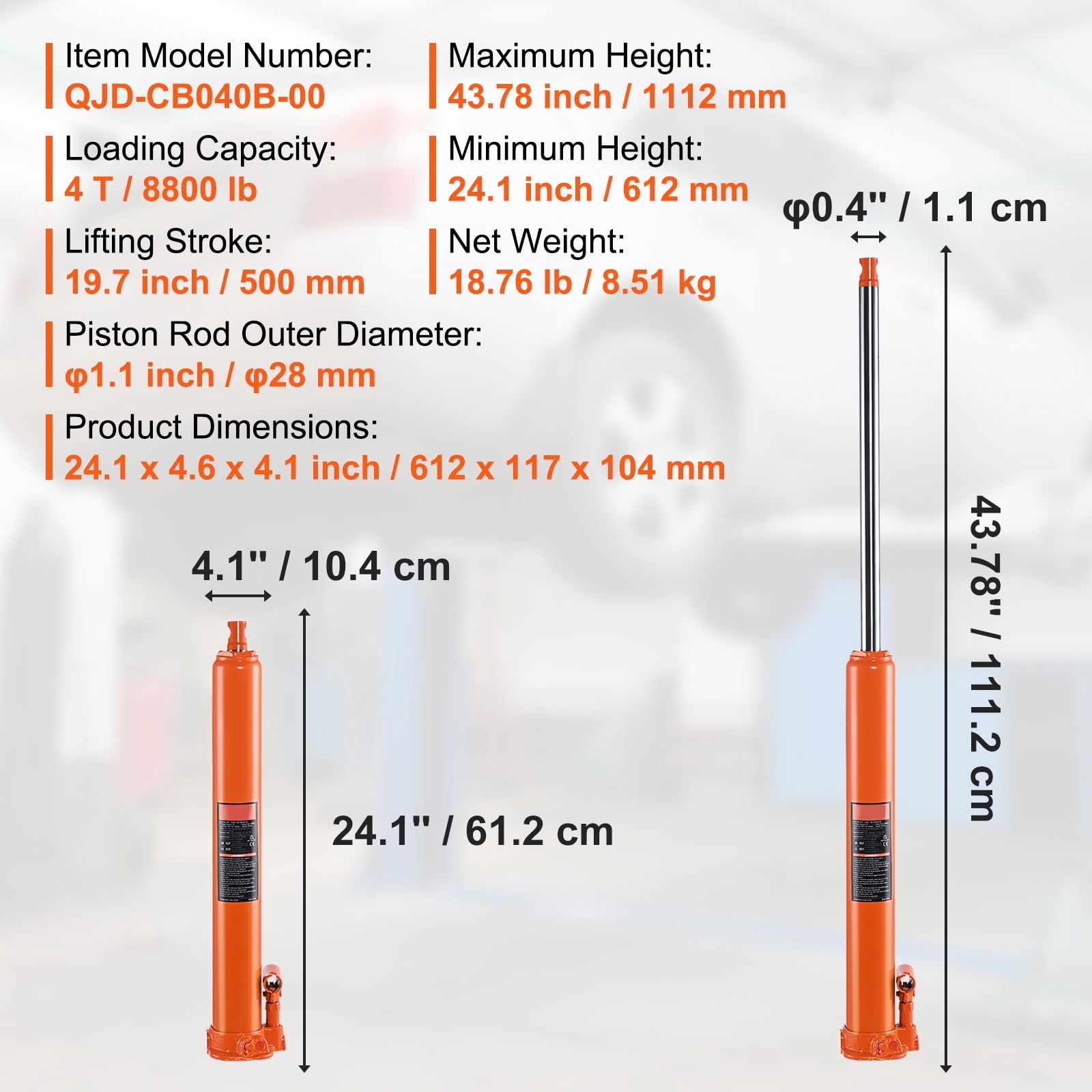KFFKFF Hydraulic Long Ram Jack, 4 Ton Capacity, Single Piston Pump, Flat Base Design, Ideal for Engine Hoists, Garage and Shop Cranes, Farm Machinery and Mechanical Maintenance