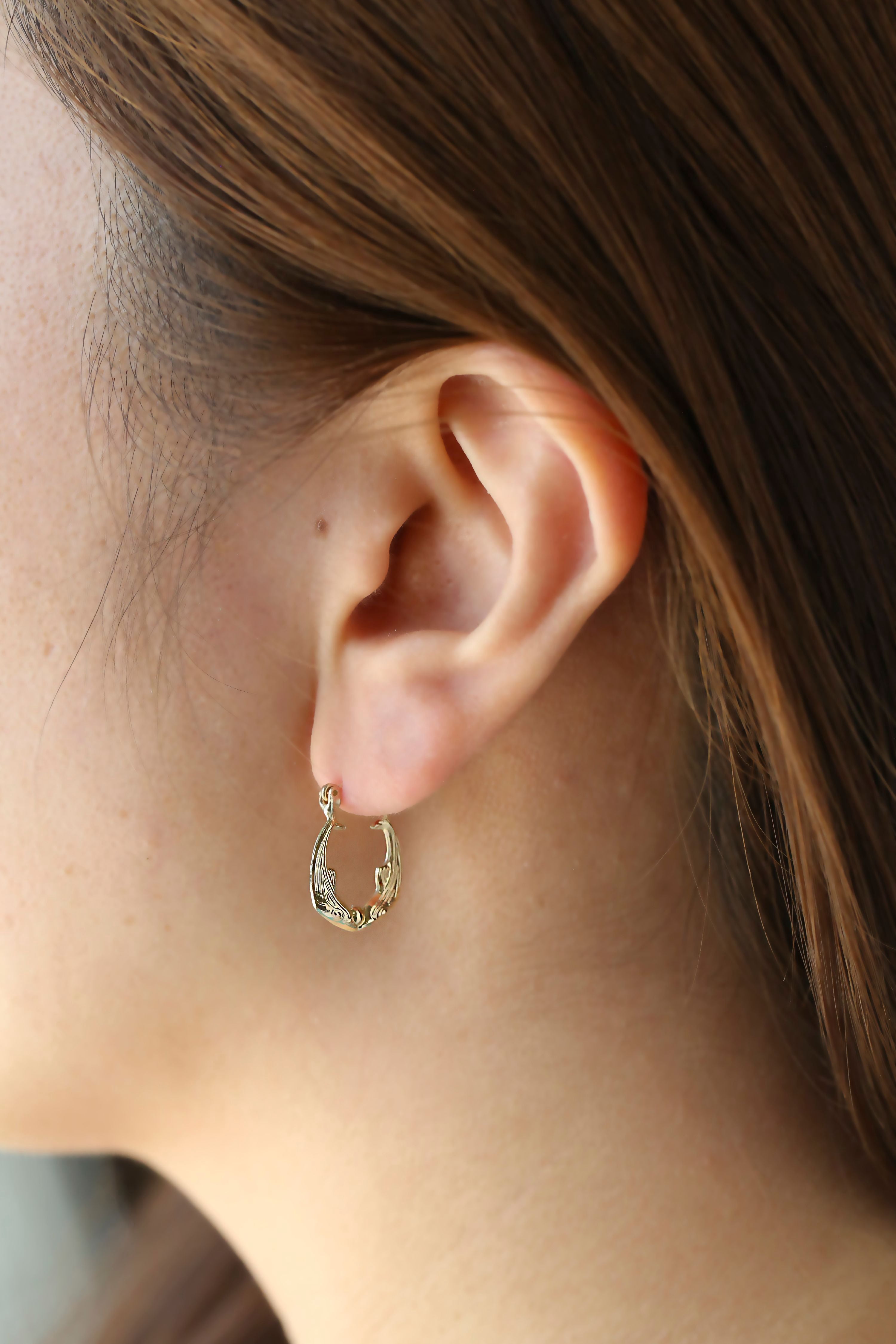 10k Yellow Gold Friendship Love Hoop Earrings with Kissing Dolphin Design