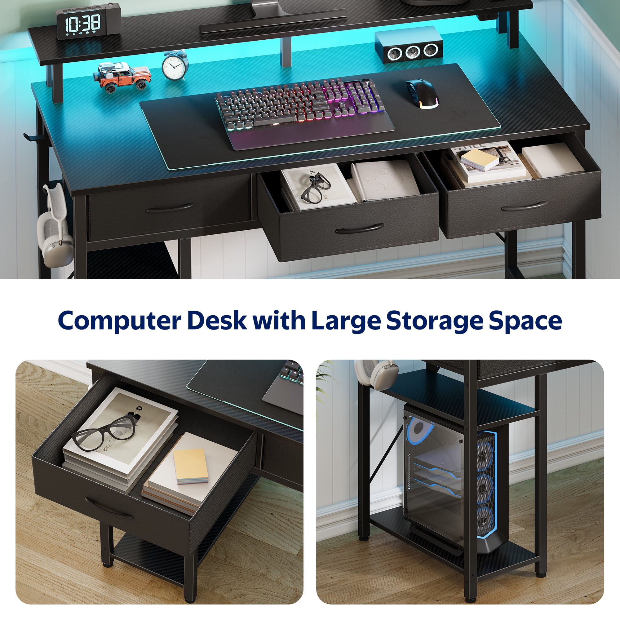 Greenstell 39" Computer Desk with Built-in Outlets & LED, 3-Drawer Office Desk with Monitor Stand, Black