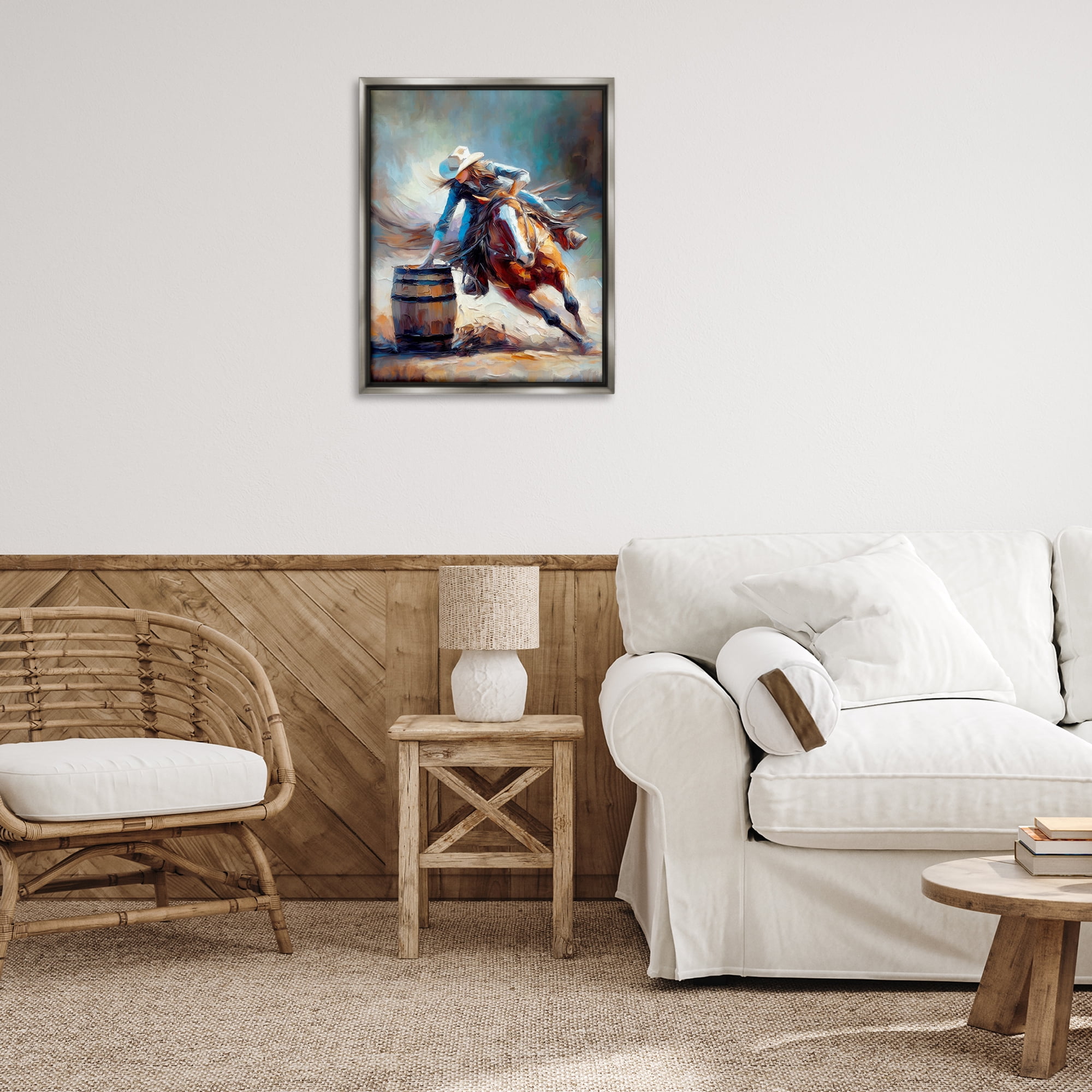 Stupell Industries Barrel Racer Cowgirl Novelty Painting Gray Floater Framed Canvas Art Print Wall Art, 25 x 31