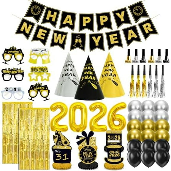 New Years Eve Party Supplies 2026 for 12, New Years Eve Party Decorations, 6 Hat, 6 Glasses, 12 blowouts, 6 Table Centerpiece, 2 Foil Fringe Curtains, 18 Balloons, Great NYE Decorations Pack