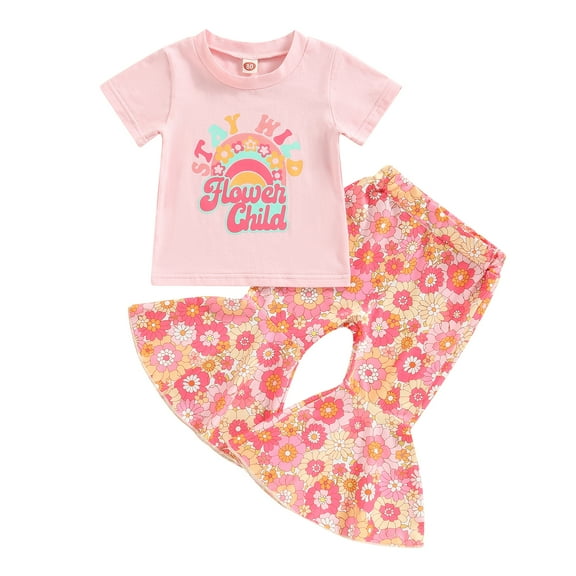Kids Toddler Baby Girl Clothes Short Sleeve Crew Neck Letter Print T-Shirts   Floral Print Flare Bell Bottom Pants Set