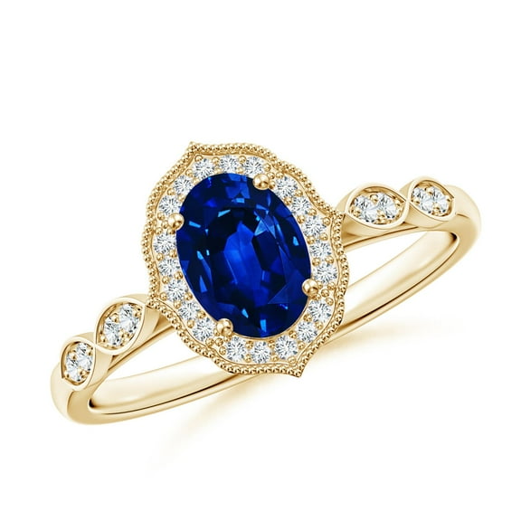 ANGARA Lab Grown Blue Sapphire Ornate Engagement Ring for Women in 14K Yellow Gold (Size-7x5mm) | September Birthstone, Anniversary, Jewelry Gift for Women | Lab-Grown Blue Sapphire Ring