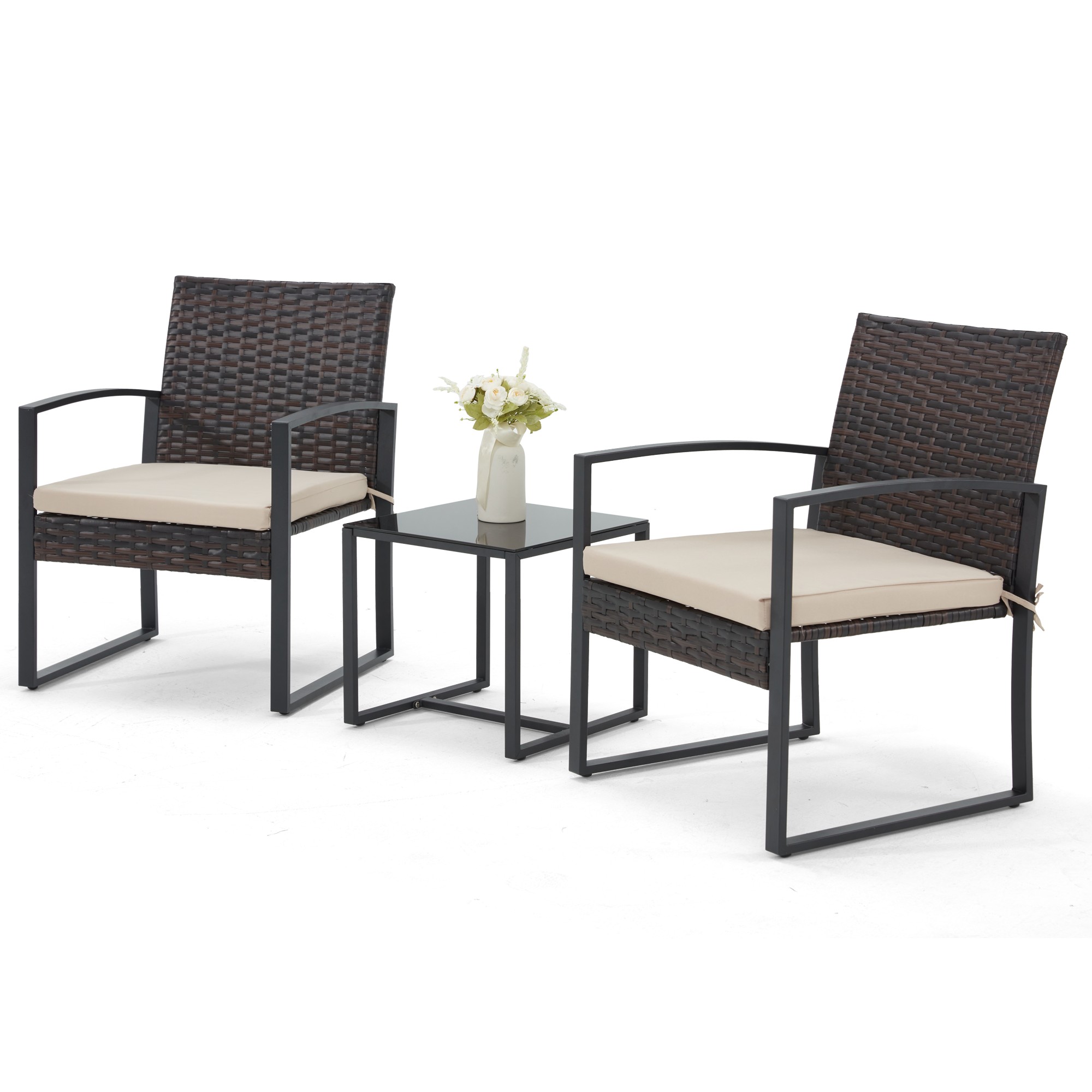 Bezseller 3-Piece Patio Bistro Set, Outdoor Rattan Furniture Patio Chairs with Coffee Table Conversation Set, Brown