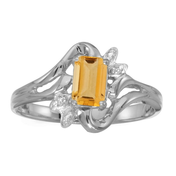 10k White Gold Emerald-cut Citrine And Diamond Ring