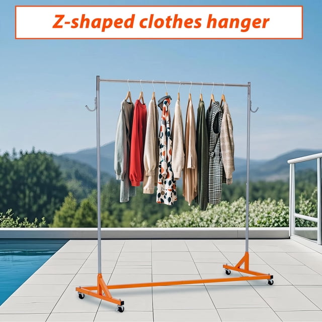 EDTara Heavy Duty Steel Garment Rack, z-Shape Single Rail With 300lb Capacity, Lockable Wheels, 2 Pvc Powder Covers, Hooks for Retail & Entryway