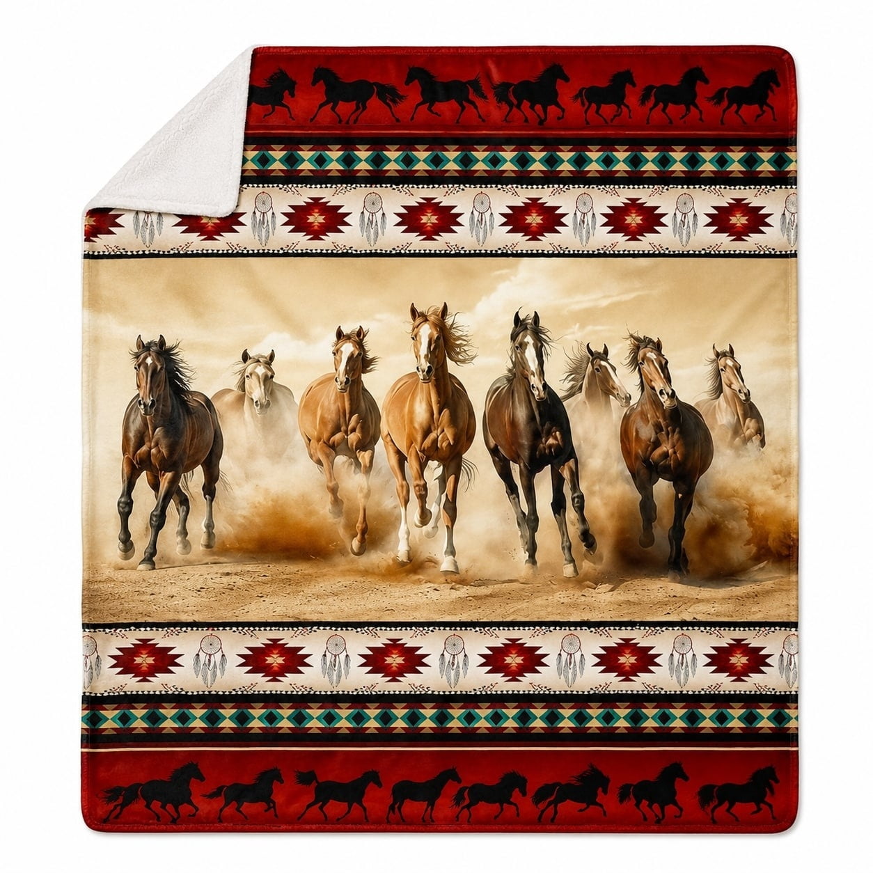 Running Horses Southwestern Aztec Border Western Fleece Throw Blanket, Soft 280 GSM Polyester, Rustic Decor