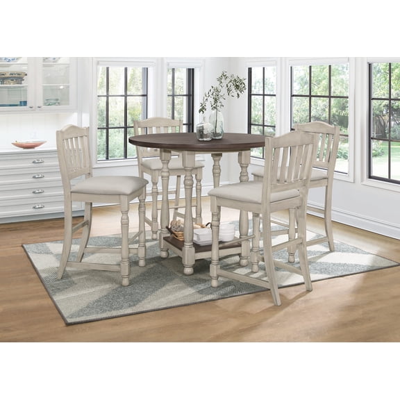 Home Design Ashley 5-Piece Round Counter Table with Square Storage Shelf and 4 Slat-Back Cushioned Chairs, Traditional Style, Comfortable Adult Seating, Turned Legs, Antique Gray/Warm Gray