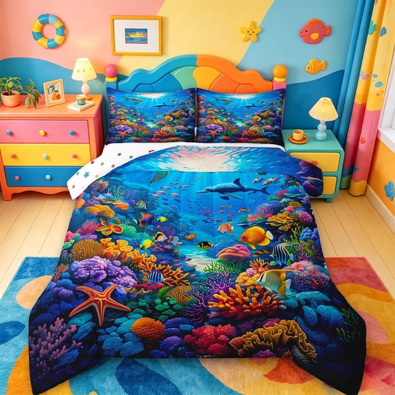 jejeloiu Colorful Ocean Coral Full Size Comforter Sets,Dolphin Fish Print Bedding Comforter Set For Boys,Multicolor Blue,Polkadot Reversible,3pcs,1 Comforter and 2 Pillowcases