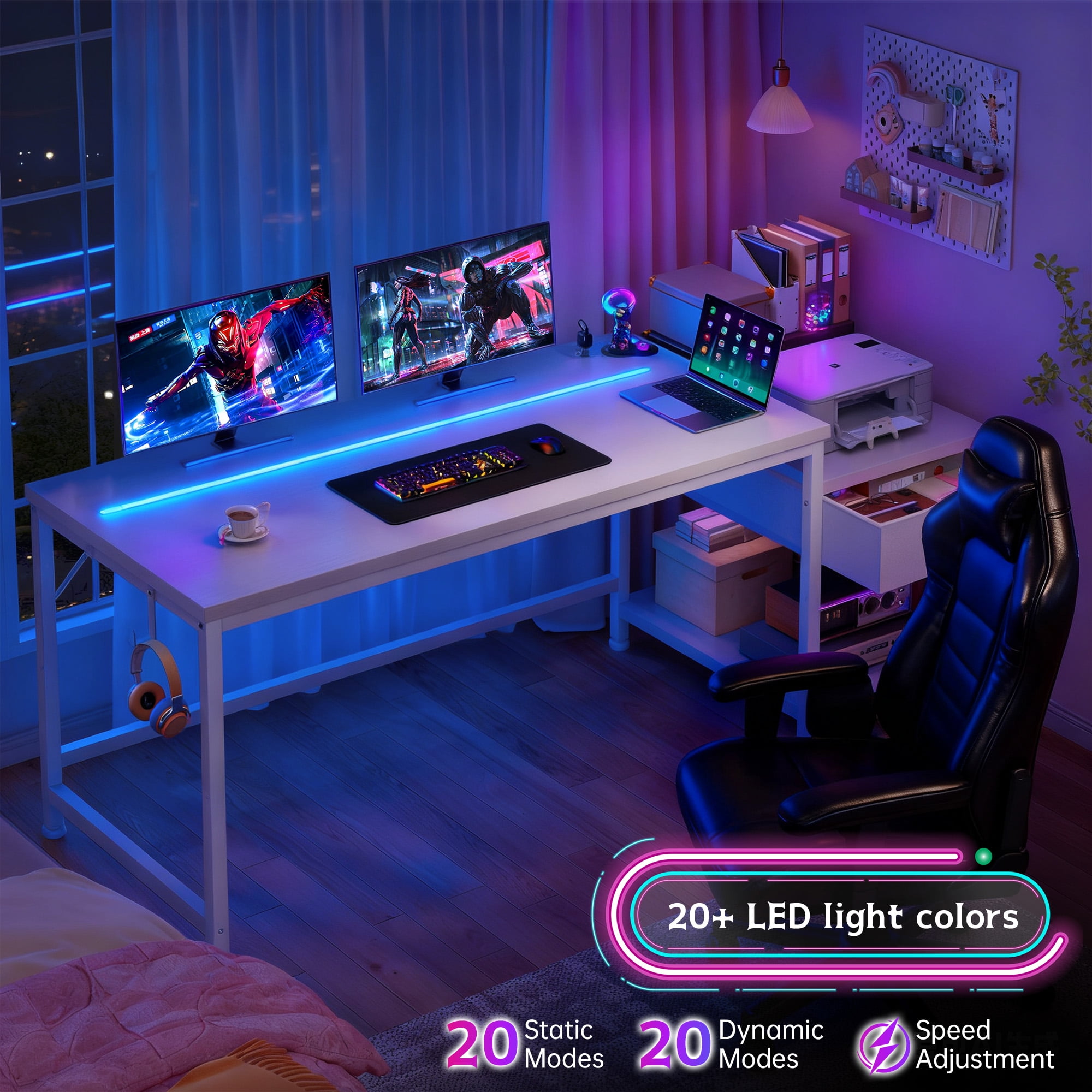 Romorgniz 56"W Gaming Desk with LED Lights & Power Outlets, Computer Desk with Fabric Drawer & Printer Shelf, Small Space Desk for Home Office, Dorm, Bedroom, White