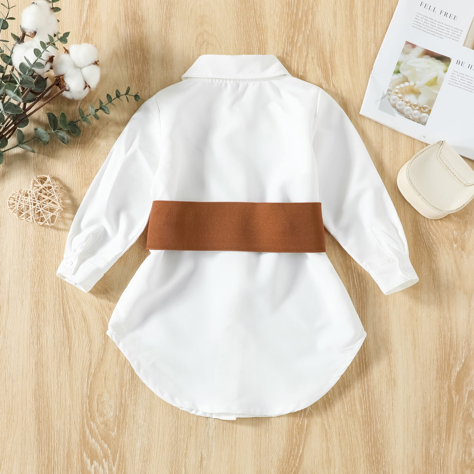 Big Kid Girl Dress Flower Girl Gown Toddler Kids Baby Girls Long Sleeve Button Down Solid Princess Shirt Dress with Waist Belt Girls Clothes White 4 5