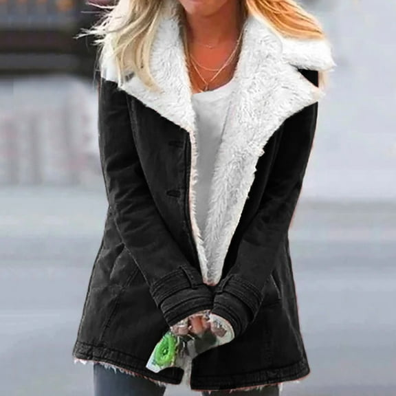 Weiqiqre Women's Tops Winter Warm Jean Jacket Stand Collar Wool Liner Sherpa Denim Coats Thicker Outerwear with Pockets