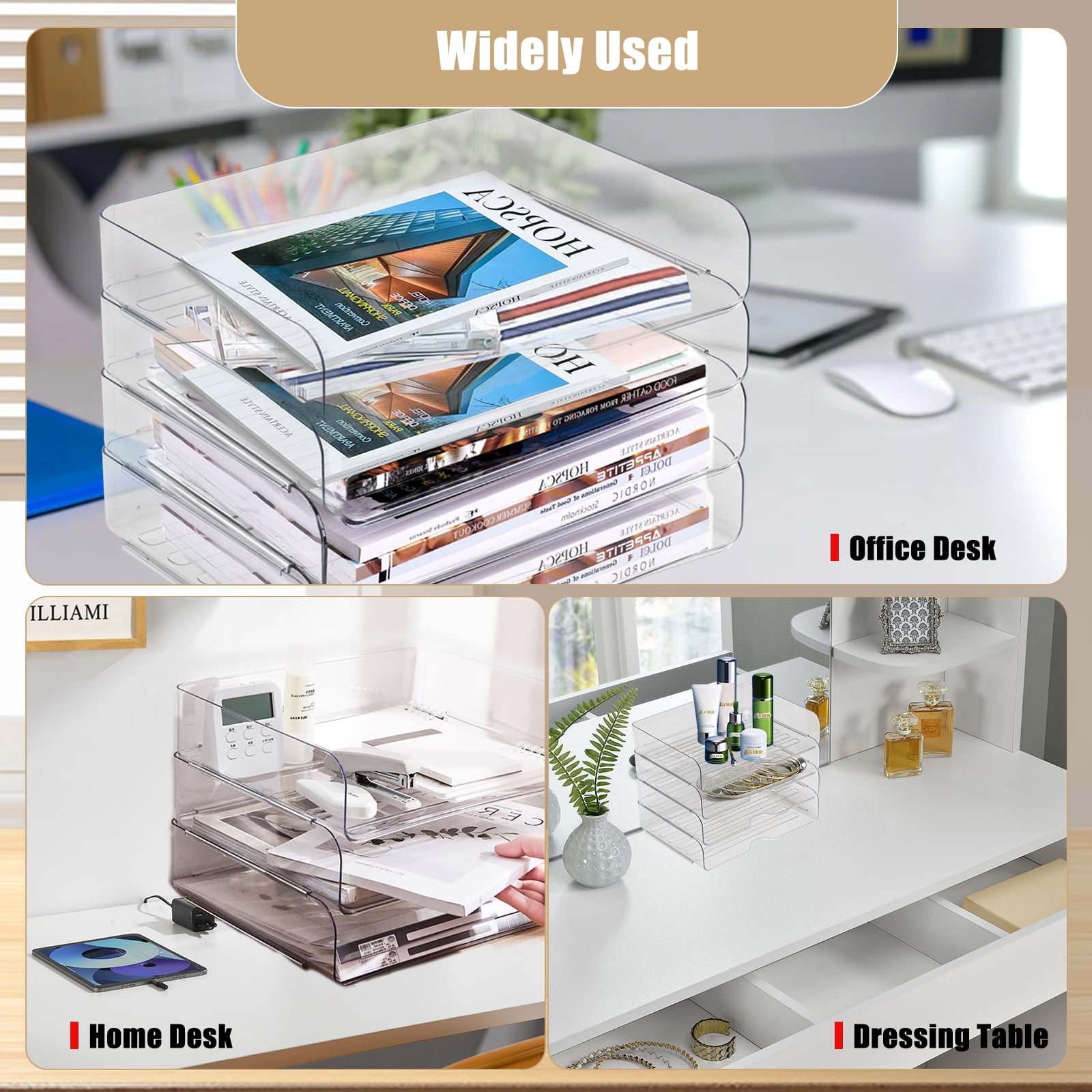 Clear Stackable Paper Trays 4 Pack, Desktop Racks with 4 File Bags, PET Clear Desk Letter Tray Set, Stackable Desk Organizer for Books, Magazines, Folders, A4 Size File Paper, Notes, Pens -Clear