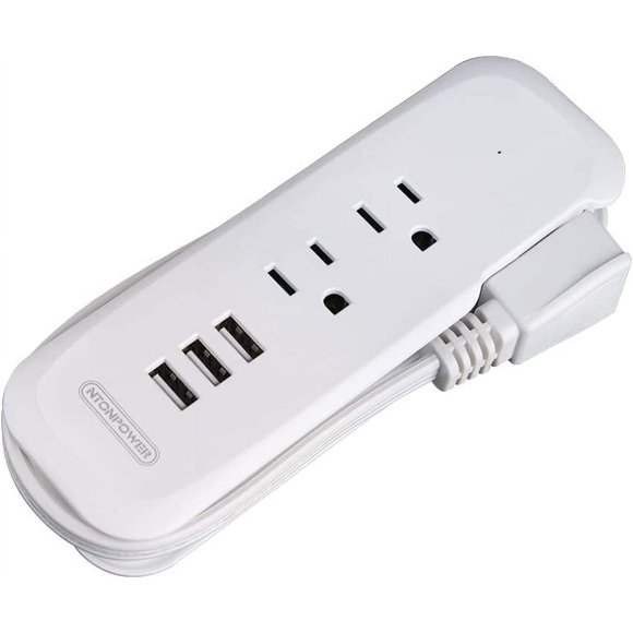 Travel Power Strip with USB - 2 Outlets 3 USB Portable Desktop Charging Station, 15 inches Wrapped Short Extension Cord for Hotels, Cruise, Nightstand, Airports, Conference Room - White