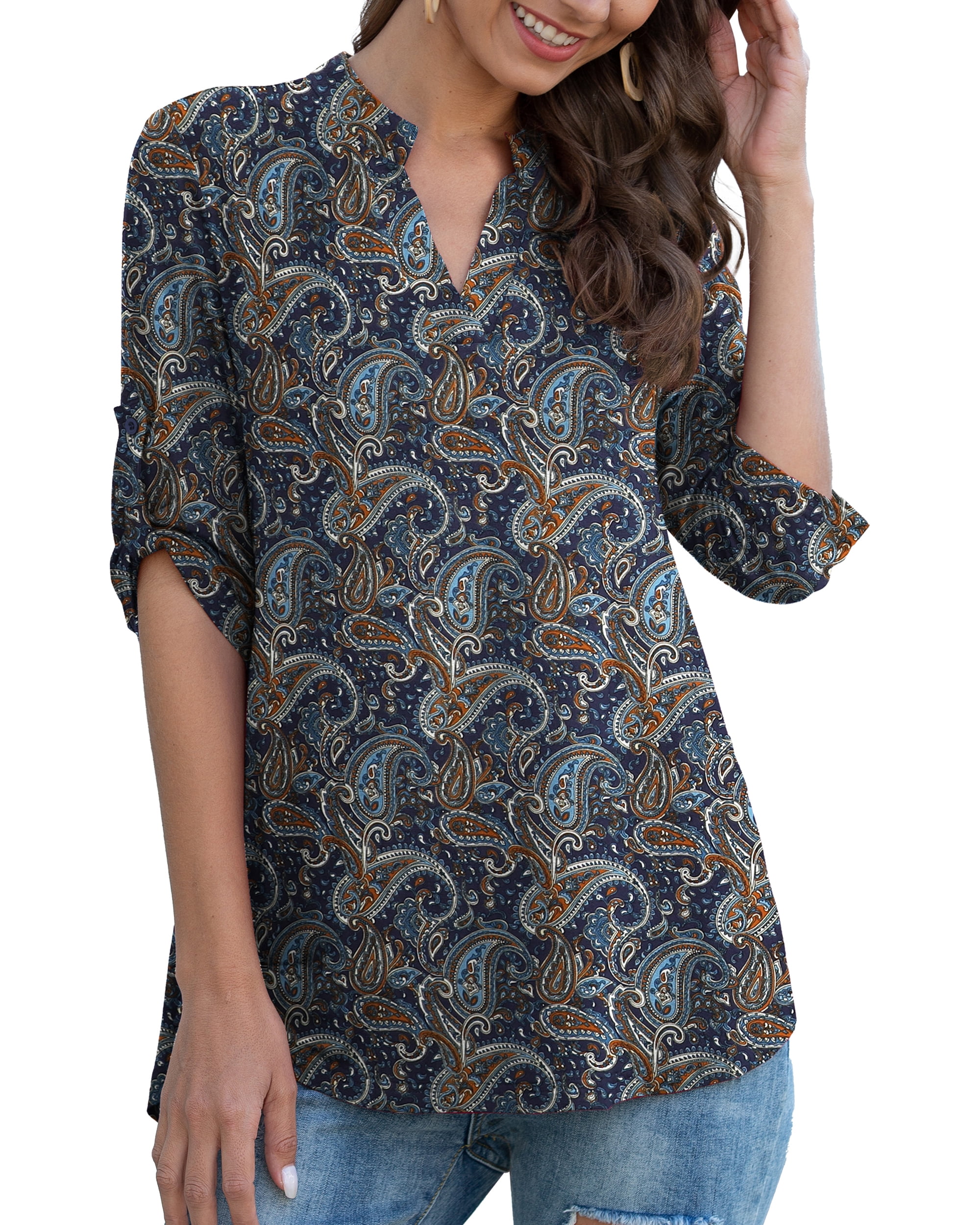 a.Jesdani Womens Plus Size Tunic Tops 3/4 Sleeve Casual Floral Henley ...