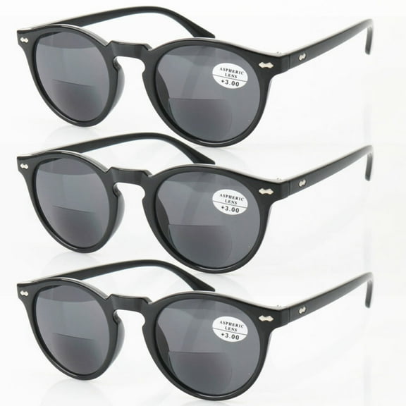 3 Pairs of Women Black Tinted Gray Bifocal Reading Glasses 1.50 Men Classic Round Readers Trendy Sunglasses  1.50 Strength
